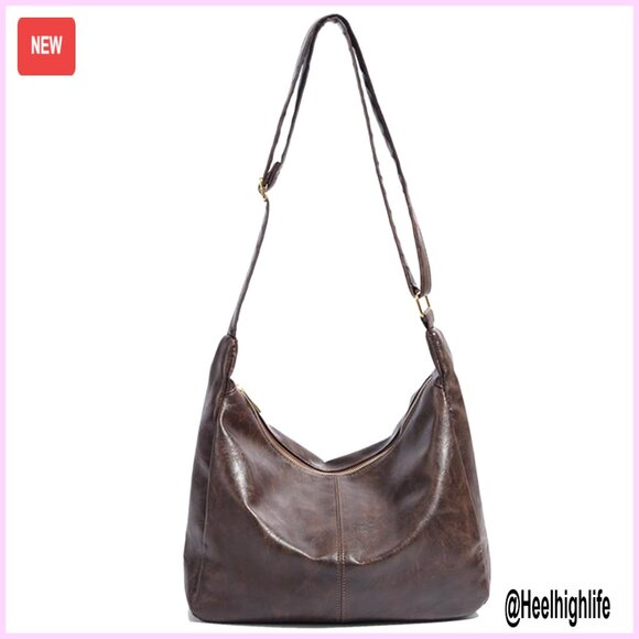 Vegan Leather Slouchy Hobo Shoulder Bag Adjustable Strap Zipper Closure Chic
